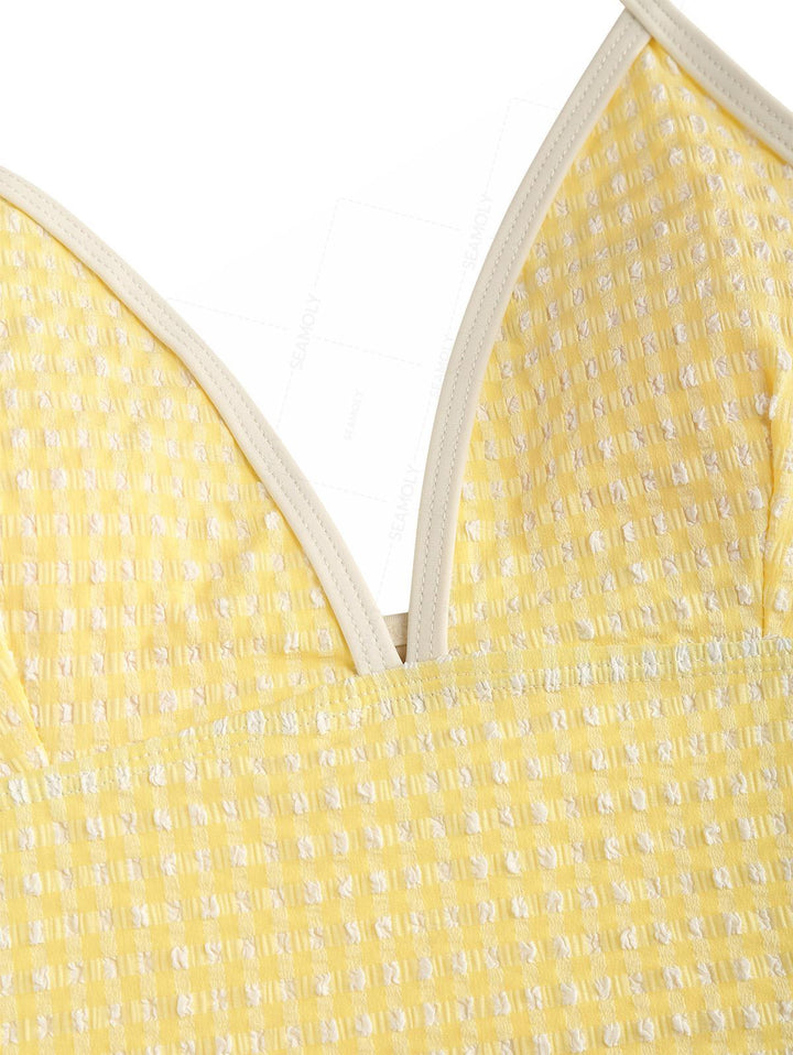 Seamolly Gingham Halter Cutout Tied Side Cheeky Boyshorts Tankini Set