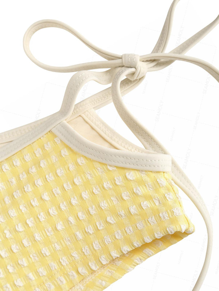 Seamolly Gingham Halter Cutout Tied Side Cheeky Boyshorts Tankini Set