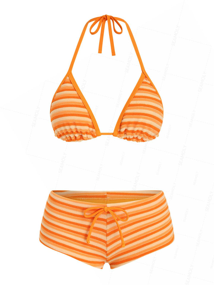 Seamolly Terry Cloth Toweling Striped Binding Cheeky Boyshorts Bikini Set