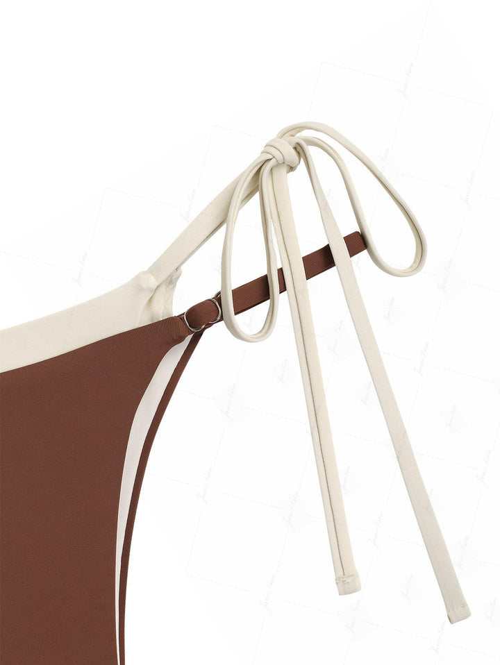 Brown Colorblock Two Tone Tie Side Double Layer Bikini Set