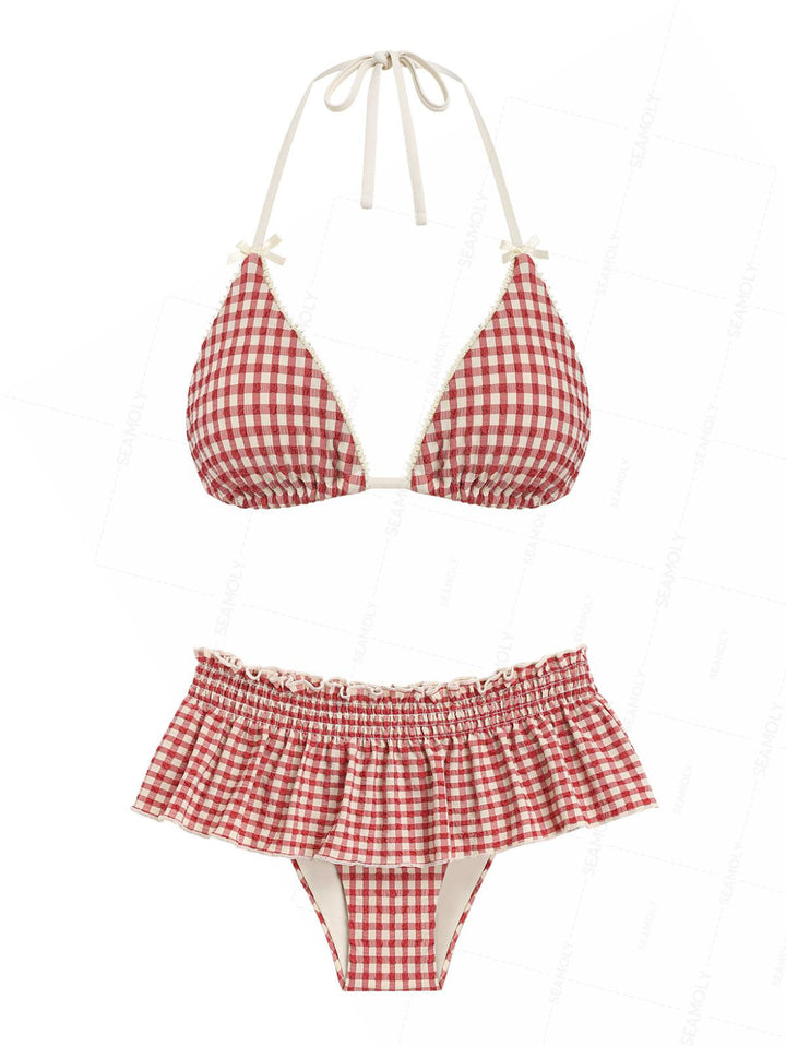 Seamolly Gingham Lace Bowknot Smocked Ruffles Skirtini Bikini Set