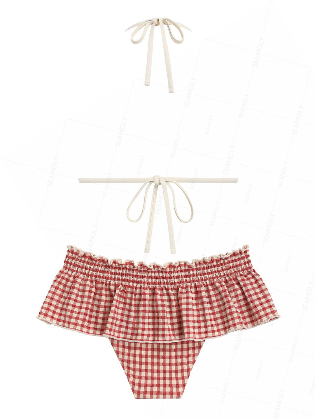 Seamolly Gingham Lace Bowknot Smocked Ruffles Skirtini Bikini Set