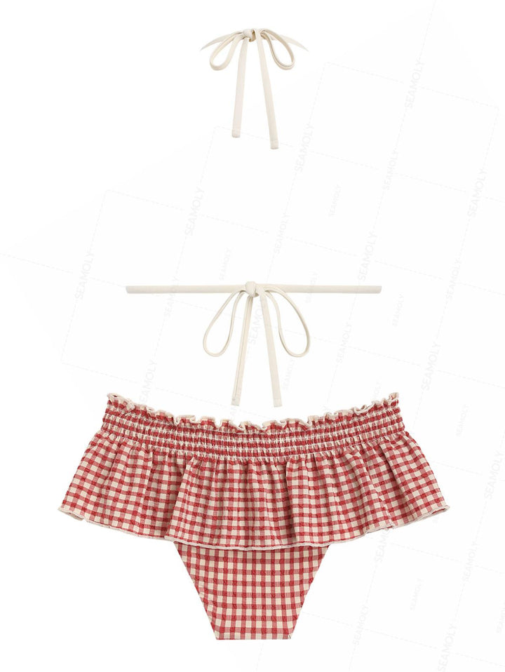 Seamolly Gingham Lace Bowknot Smocked Ruffles Skirtini Bikini Set