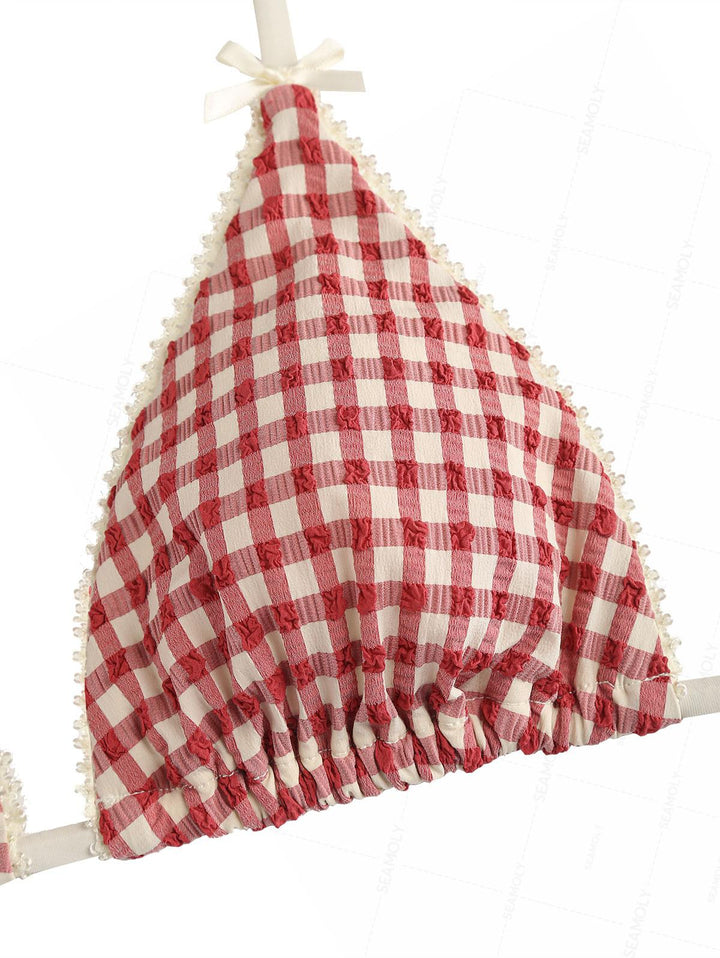 Seamolly Gingham Lace Bowknot Smocked Ruffles Skirtini Bikini Set