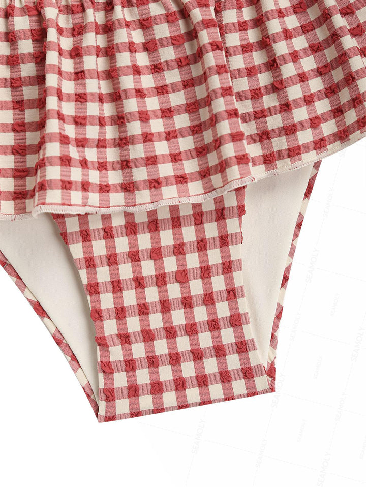 Seamolly Gingham Lace Bowknot Smocked Ruffles Skirtini Bikini Set