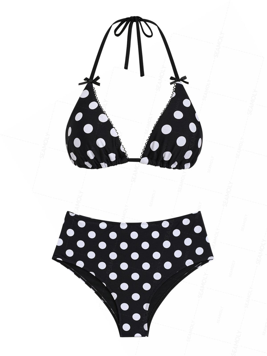 Seamolly Polka Dot Picot Trim Bowknot Cheeky Boyshorts Bikini Set