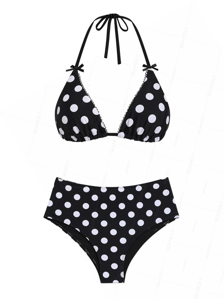 Seamolly Polka Dot Picot Trim Bowknot Cheeky Boyshorts Bikini Set