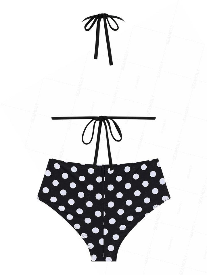 Seamolly Polka Dot Picot Trim Bowknot Cheeky Boyshorts Bikini Set