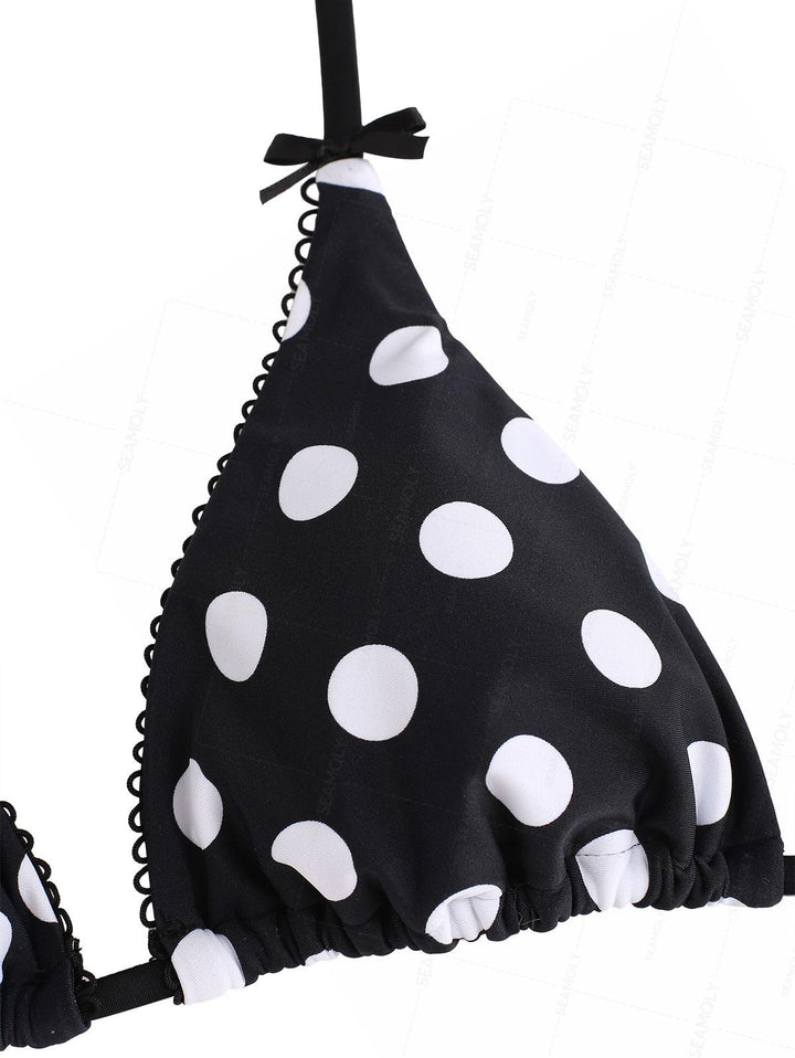 Seamolly Polka Dot Picot Trim Bowknot Cheeky Boyshorts Bikini Set