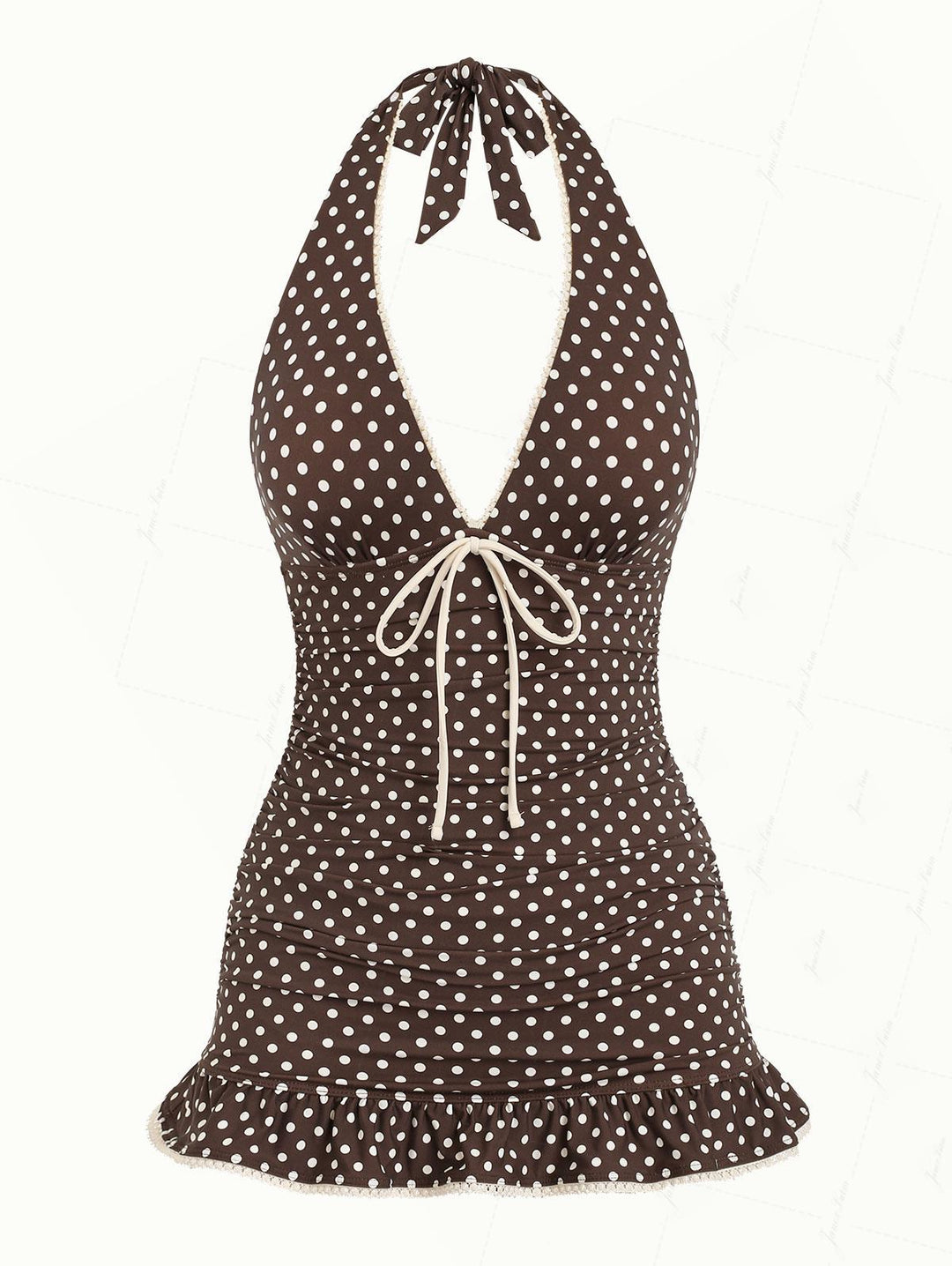 Deep Coffee Polka Dot Ruched Ruffles Halter Skirted One-piece Swimsuit