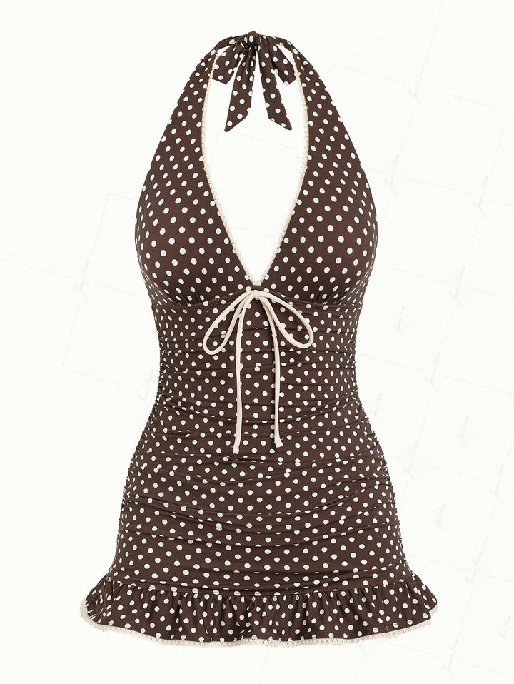Deep Coffee Polka Dot Ruched Ruffles Halter Skirted One-piece Swimsuit