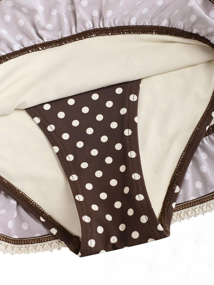 Deep Coffee Polka Dot Ruched Ruffles Halter Skirted One-piece Swimsuit