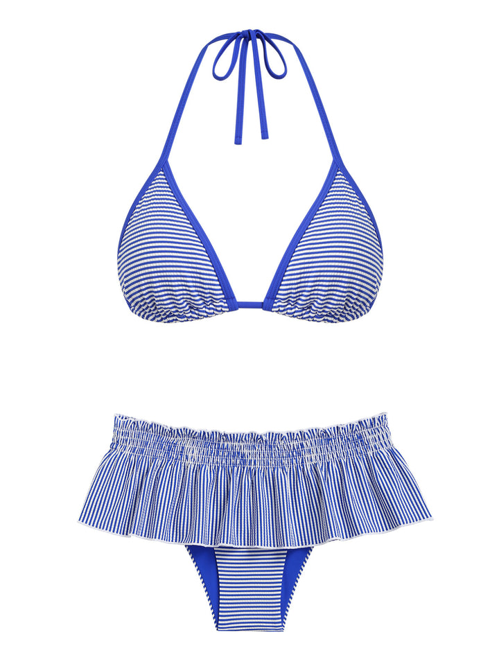 Seamolly Striped Contrast Binding Smocked Peplum Skirtini Bikini Set