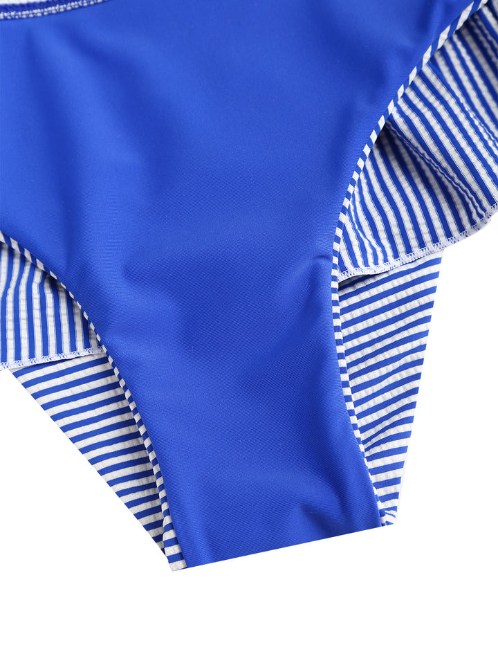 Seamolly Striped Contrast Binding Smocked Peplum Skirtini Bikini Set