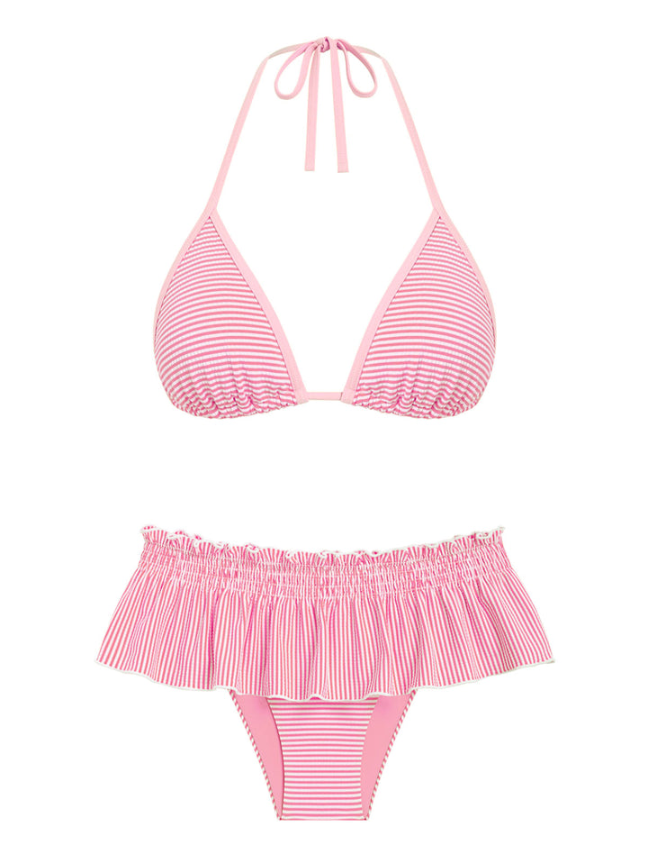 Seamolly Striped Contrast Binding Smocked Peplum Skirtini Bikini Set