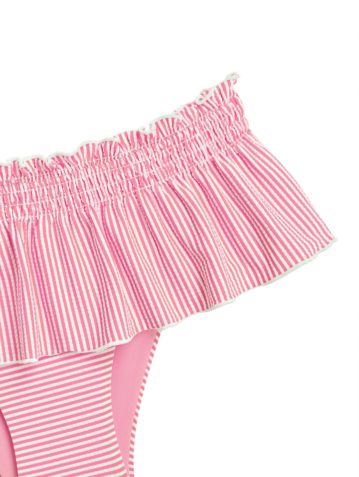 Seamolly Striped Contrast Binding Smocked Peplum Skirtini Bikini Set