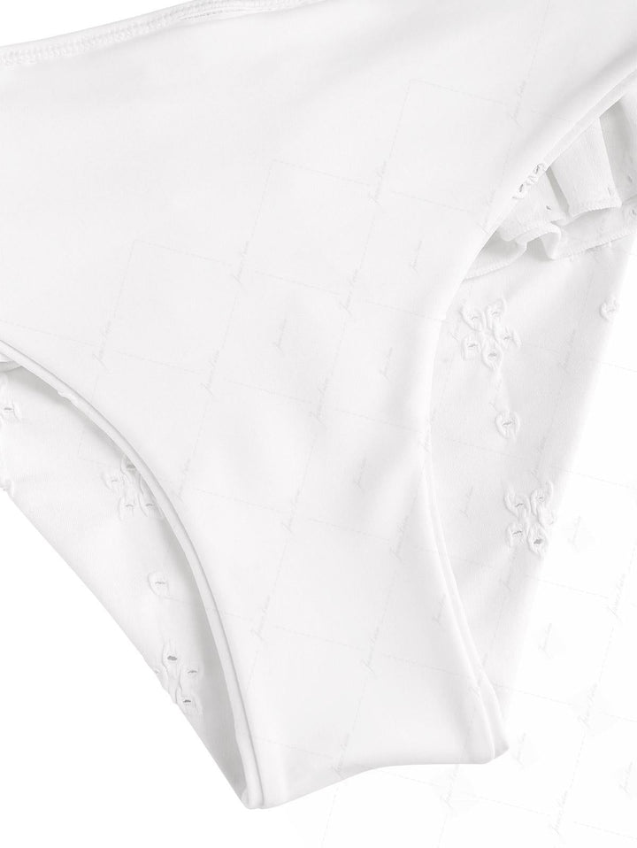White Recycled Fabric Jacquard Layered Ruffles Triangle Skirtini Bikini Set