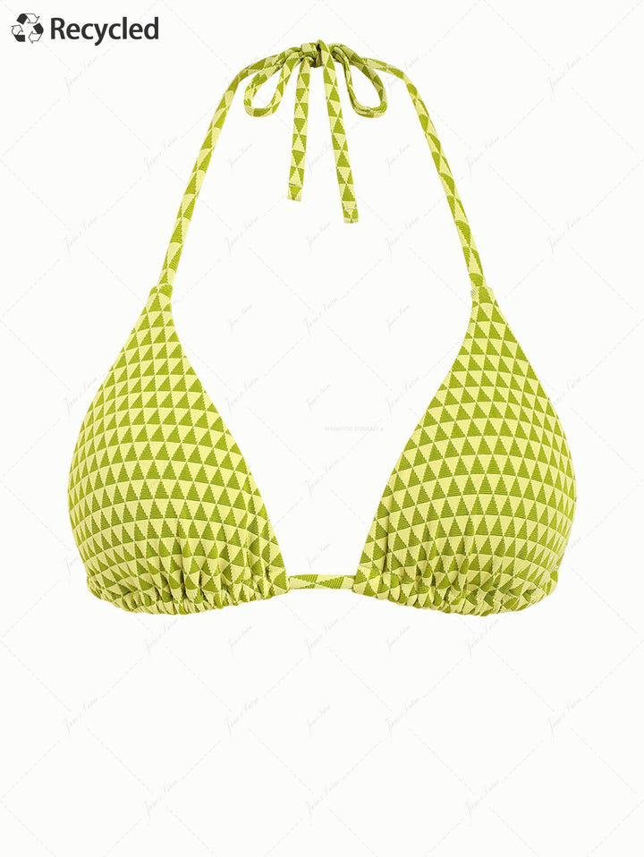 Green Triangular Grid Pattern Halter Triangle Bikini Top