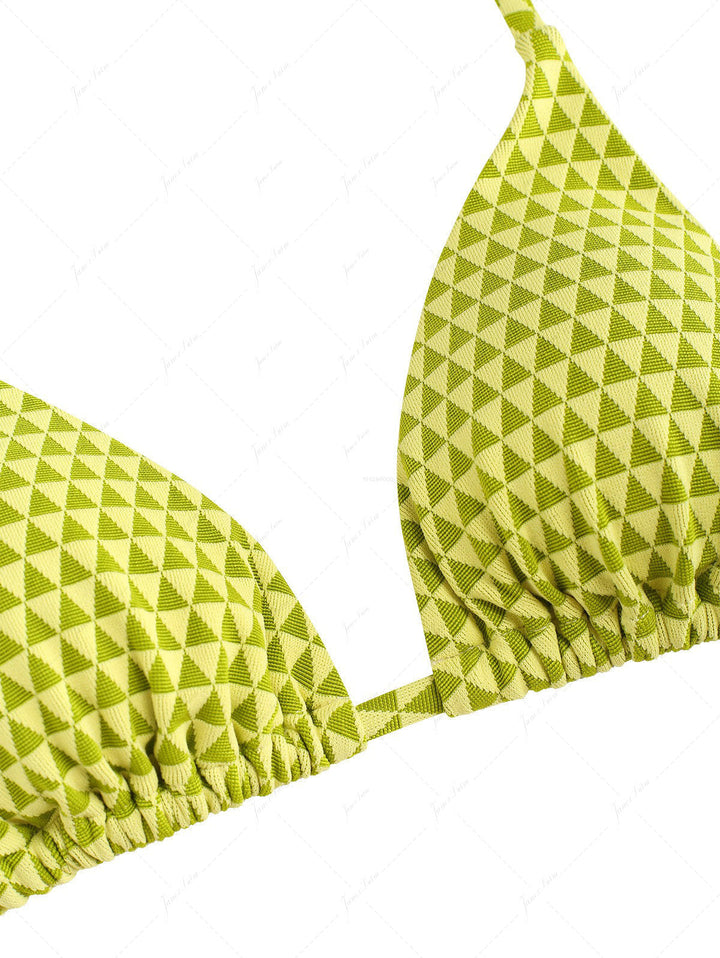 Green Triangular Grid Pattern Halter Triangle Bikini Top
