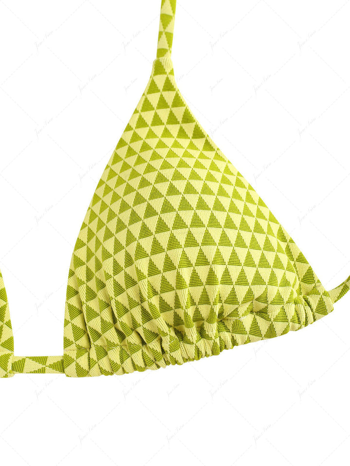 Green Recycled Fabric Triangular Grid Pattern Cheeky Boyshorts Bikini Set