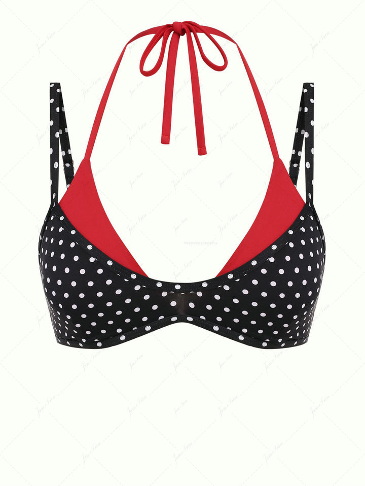 Black Polka Dot Print Contrast Color Double Layer Bikini Top