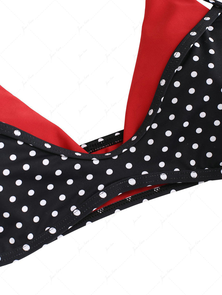 Janex Black Contrast Color Polka Dot Print String Double Layer Bikini Set