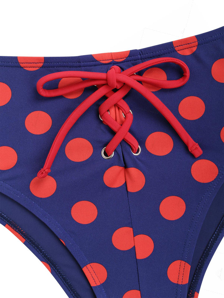 Midnight Blue Polka Dot Lace Bowknot Halter Triangle Half-Cover Bikini Set