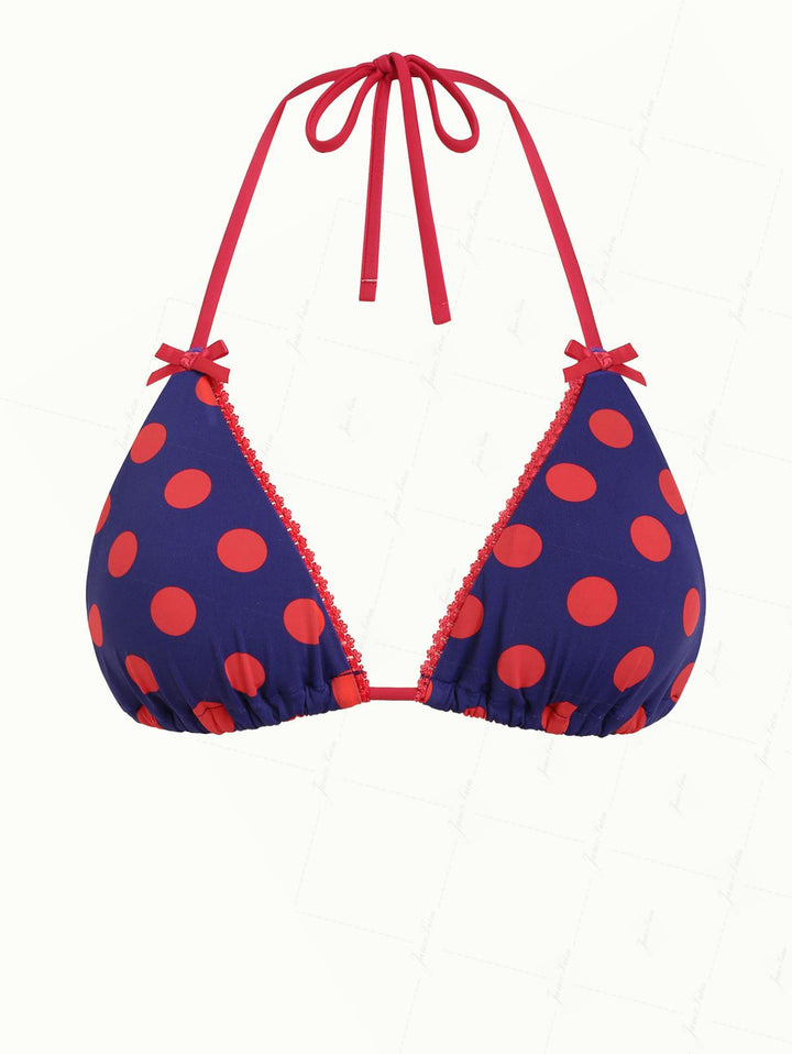 Midnight Blue Polka Dot Lace Bowknot Halter Triangle Bikini Top