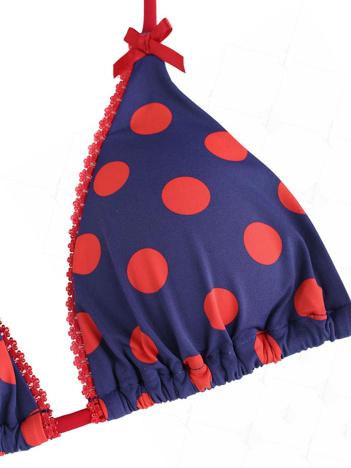 Midnight Blue Polka Dot Lace Bowknot Halter Triangle Half-Cover Bikini Set