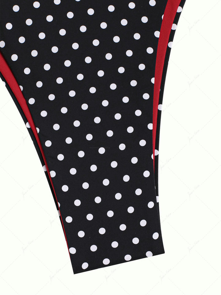 Black Contrast Color Polka Dot Print Double Layer Bikini Bottom