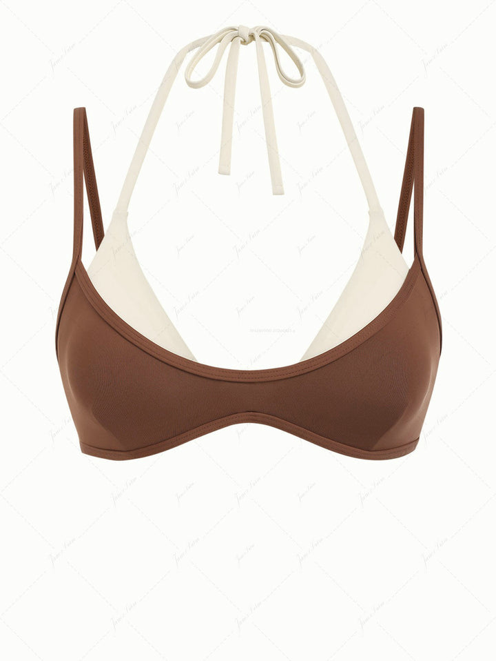 Brown Colorblock Two Tone Double Layer Bikini Top