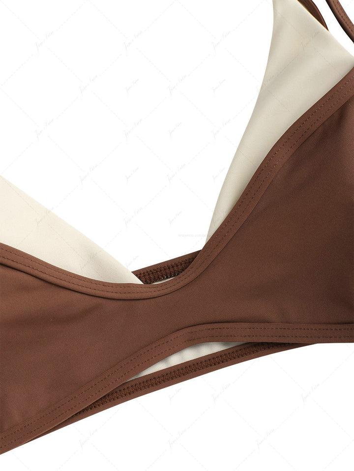 Brown Colorblock Two Tone Tie Side Double Layer Bikini Set