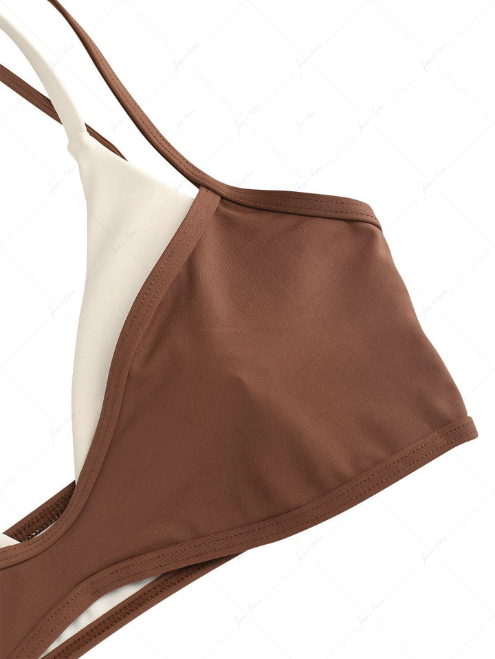 Brown Colorblock Two Tone Tie Side Double Layer Bikini Set