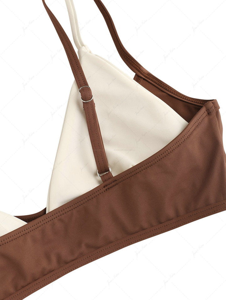 Brown Colorblock Two Tone Tie Side Double Layer Bikini Set