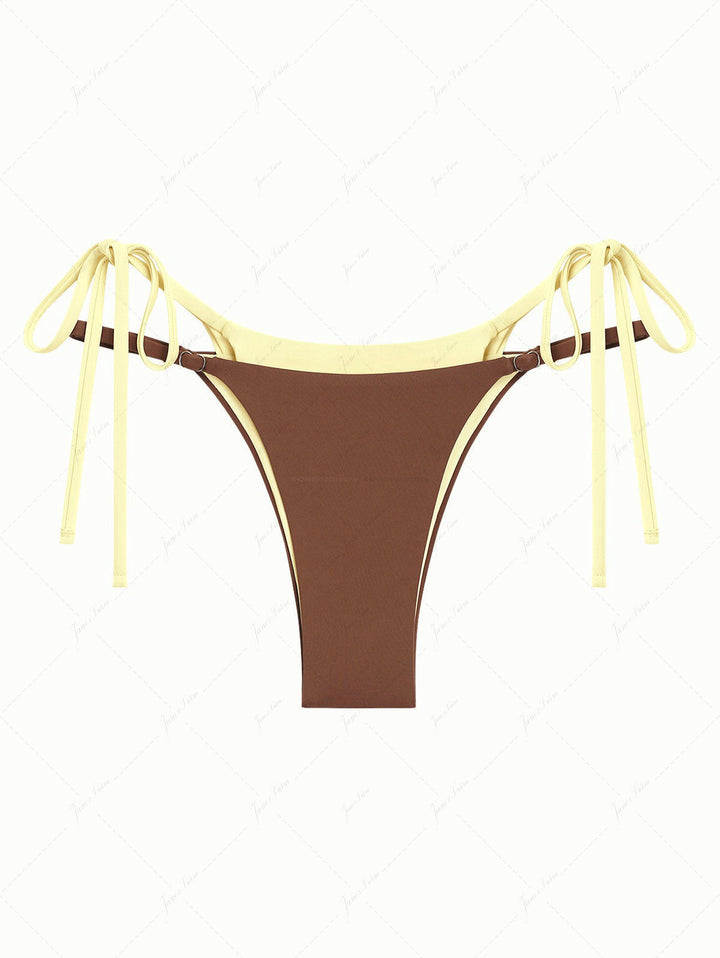 Brown & Yellow Two Tone Tie Side Double Layer Bikini Bottom
