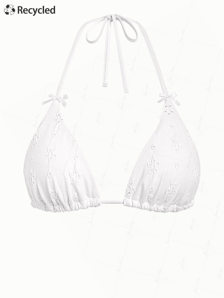White Recycled Fabric Jacquard Bowknot Halter Triangle Bikini Top