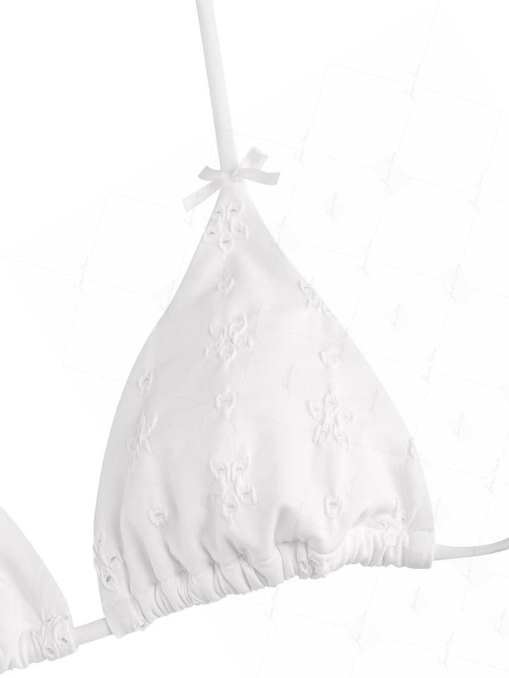 White Recycled Fabric Jacquard Layered Ruffles Triangle Skirtini Bikini Set