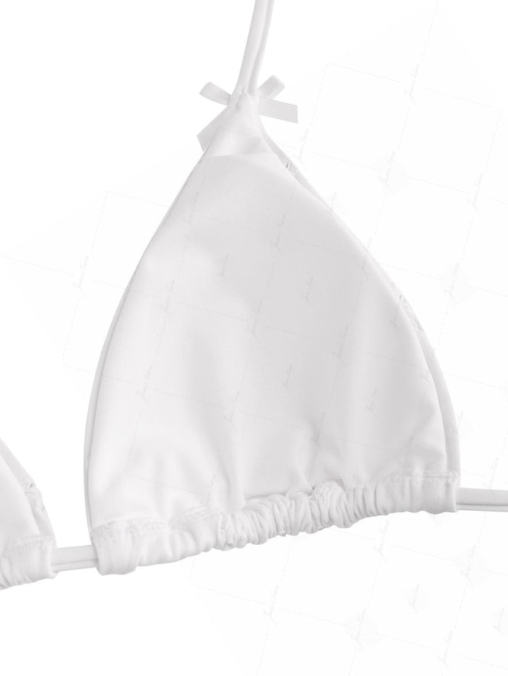 White Recycled Fabric Jacquard Bowknot Halter Triangle Bikini Top