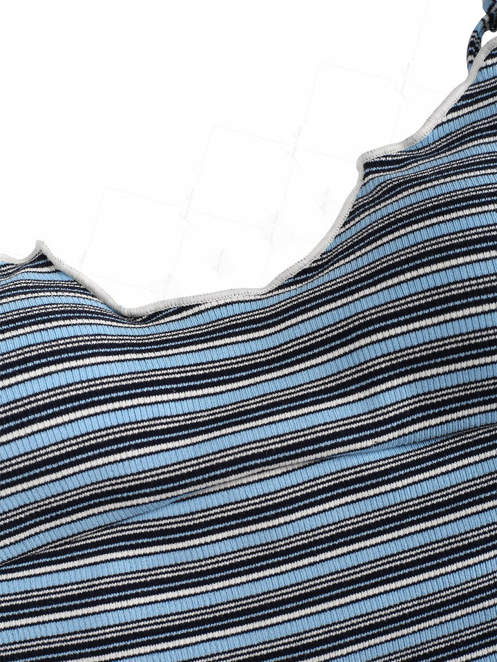 Blue Ribbed Knit Striped Hanky Hem Tank Top & Cheeky Brazilian Bottom Tankini Set
