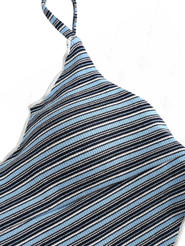 Blue Ribbed Knit Striped Hanky Hem Tank Top & Cheeky Brazilian Bottom Tankini Set