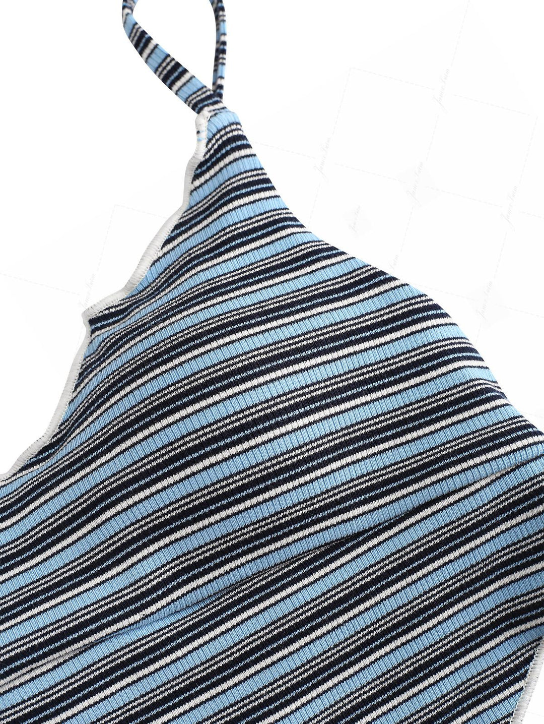 Blue Ribbed Knit Striped Hanky Hem Cheeky Boyshorts Tankini Set