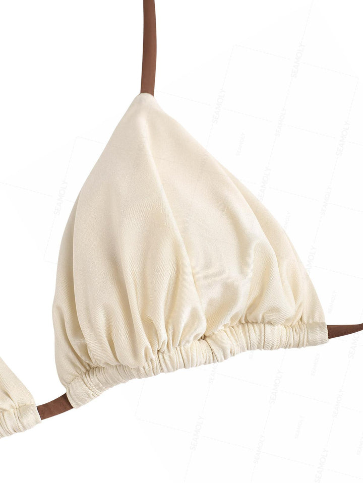 Seamolly Contrast Color Ruched Halter Triangle Top & Brazilian Bottom Bikini Set