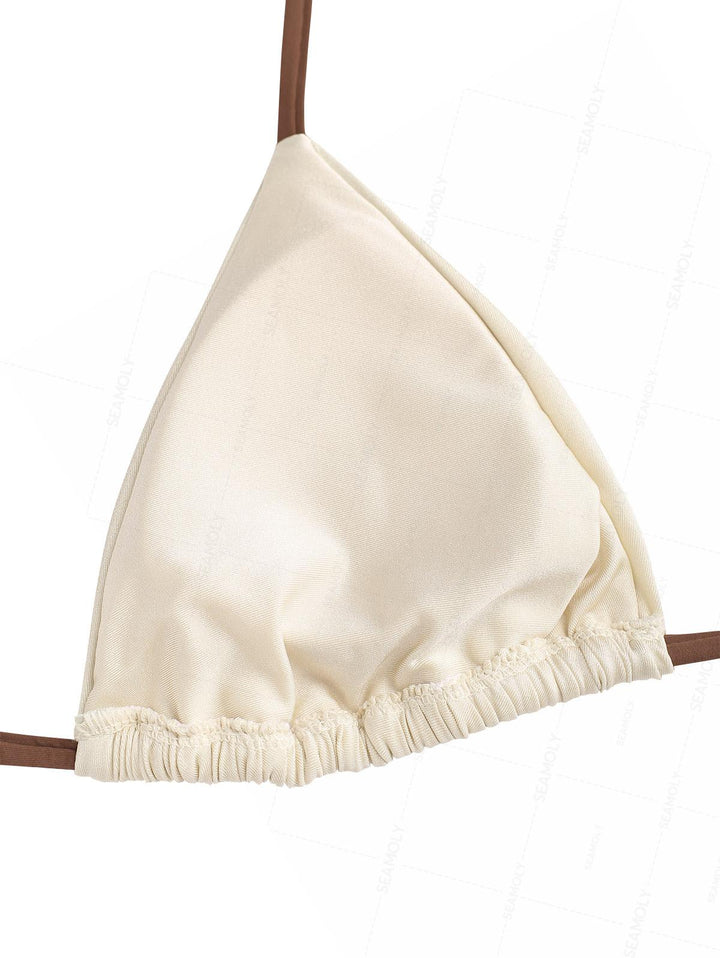 Seamolly Contrast Color Ruched Halter Triangle Top & Brazilian Bottom Bikini Set