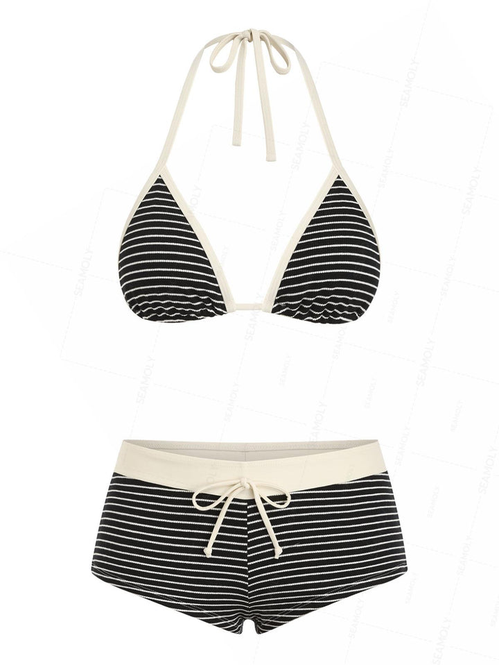 Seamolly Ribbed Striped Contrast Binding Cheeky Boyshorts Bikini Set