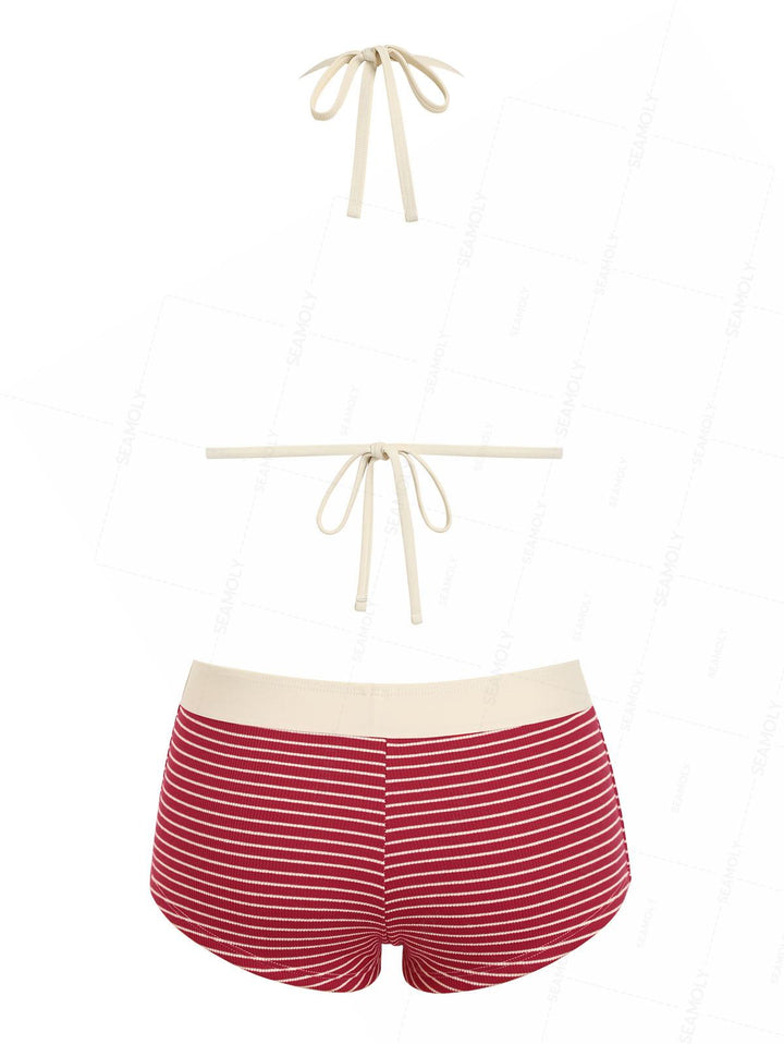 Seamolly Ribbed Striped Contrast Binding Cheeky Boyshorts Bikini Set