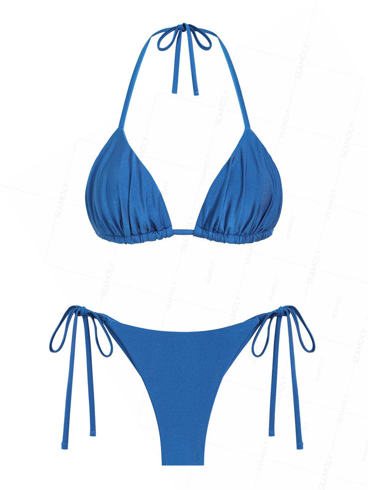 Seamolly Solid Color Ruched Halter Triangle Top & Brazilian Bottom Bikini Set