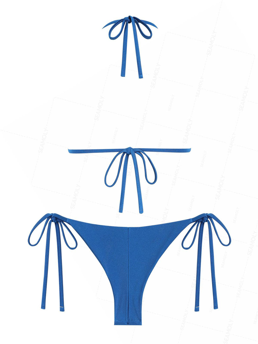 Seamolly Solid Color Ruched Halter Triangle Top & Brazilian Bottom Bikini Set