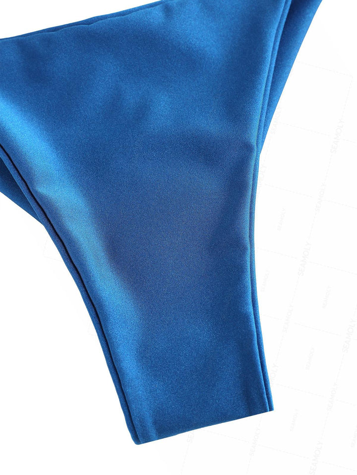 Seamolly Solid Color Ruched Halter Triangle Top & Brazilian Bottom Bikini Set