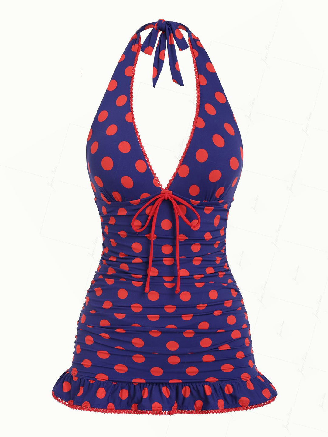 Midnight Blue Polka Dot Ruched Ruffles Halter Skirted One-piece Swimsuit
