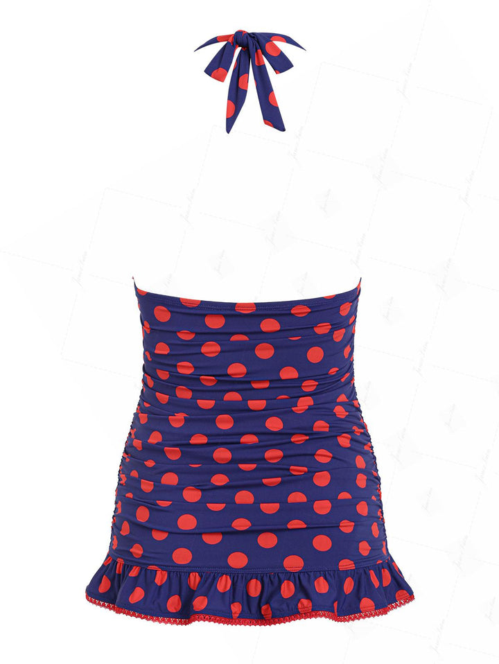 Midnight Blue Polka Dot Ruched Ruffles Halter Skirted One-piece Swimsuit